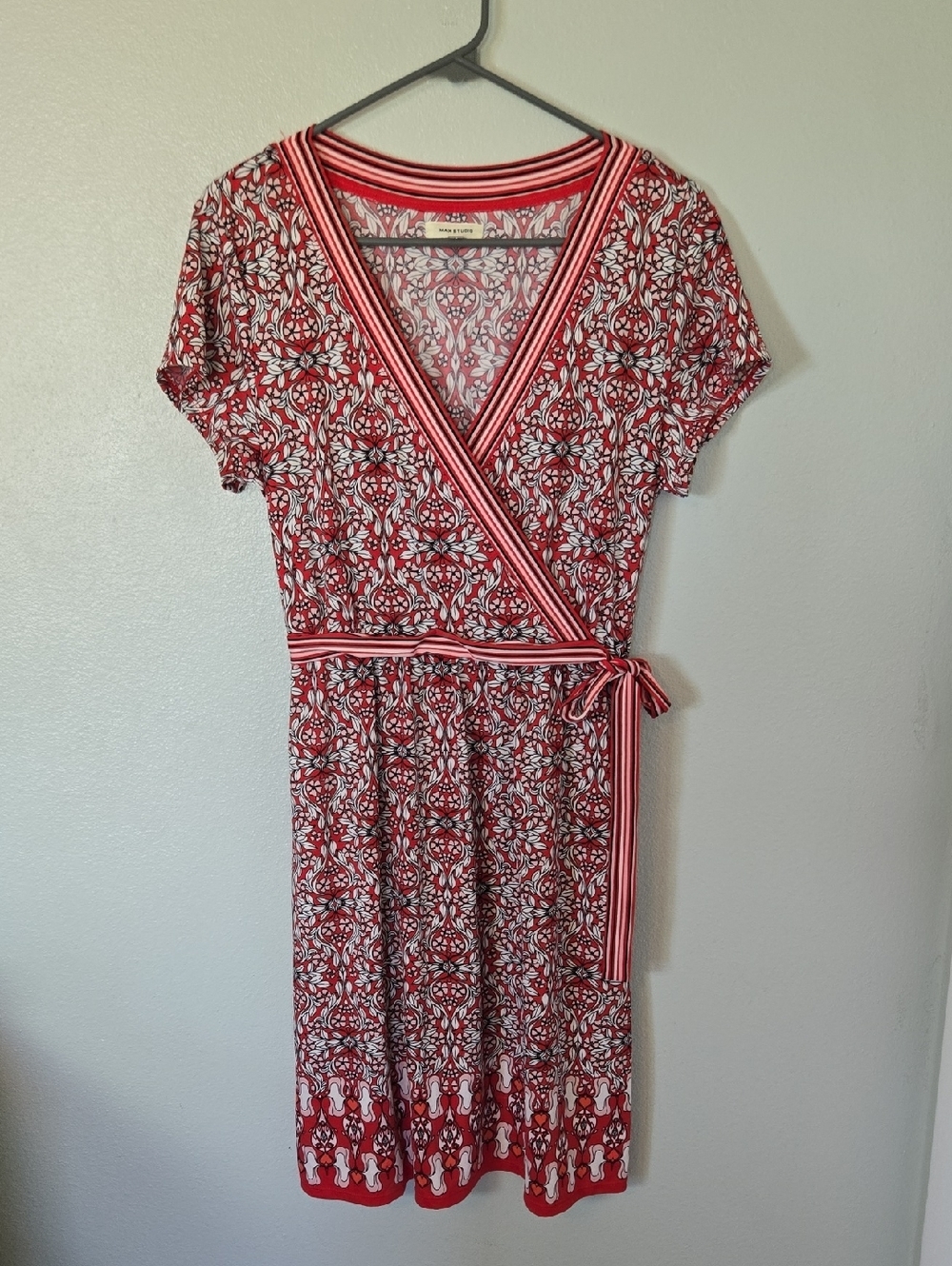Max Studio | Red And Black Floral Printed Faux Wrap Midi Dress Size Large